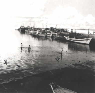 干潮時、桟橋で遊ぶ子どもたちと離島航路の船