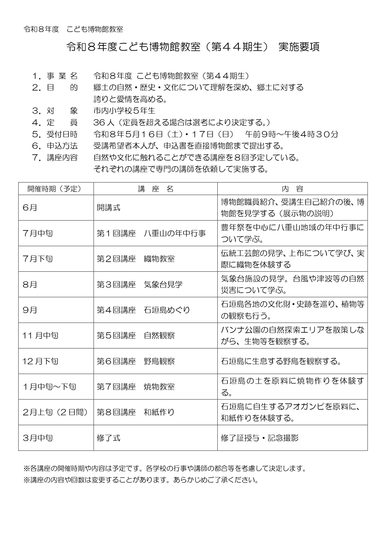 こども博物館教室　実施要項